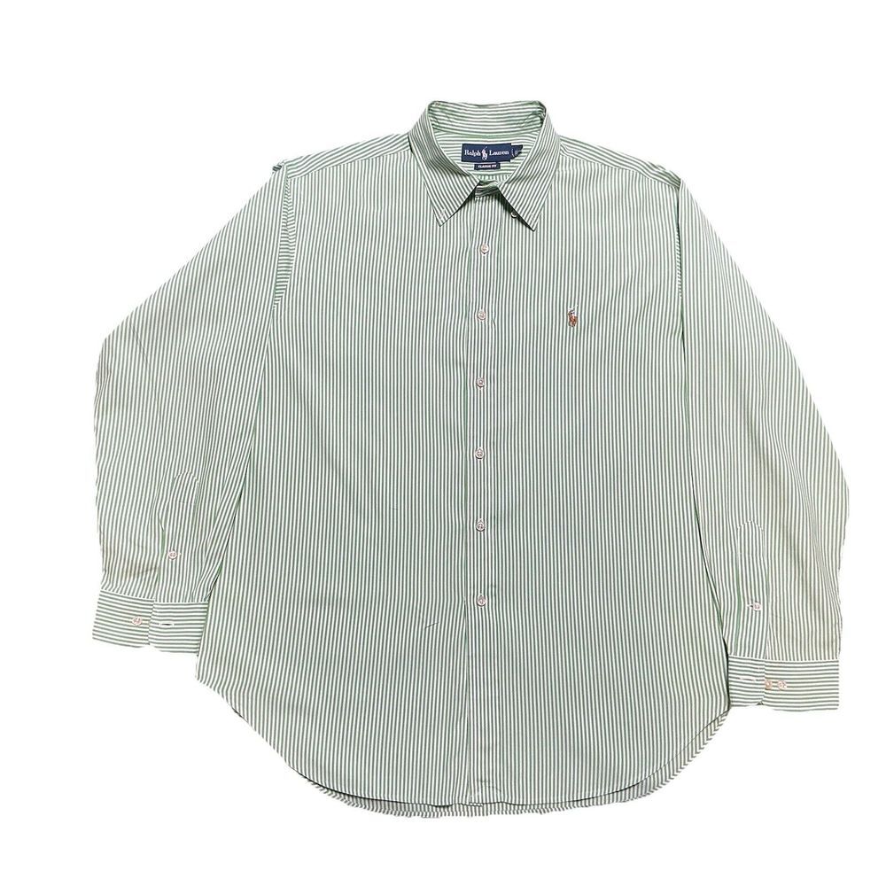 Polo Ralph Lauren Green Striped Button Up Down Shirt Classic Fit Size 17, 34/35